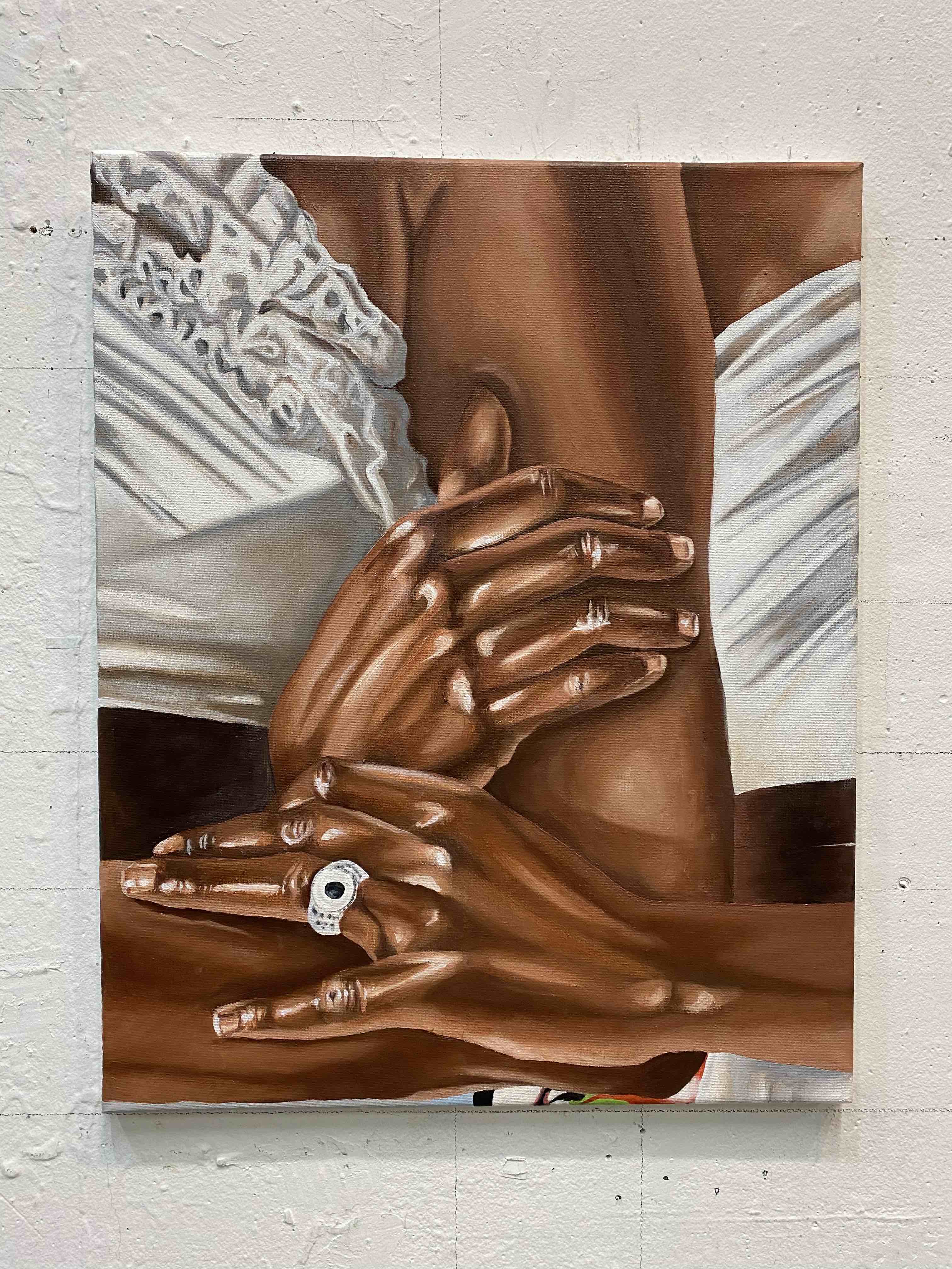 A painting of hands holding someone's arm in a loving way.
