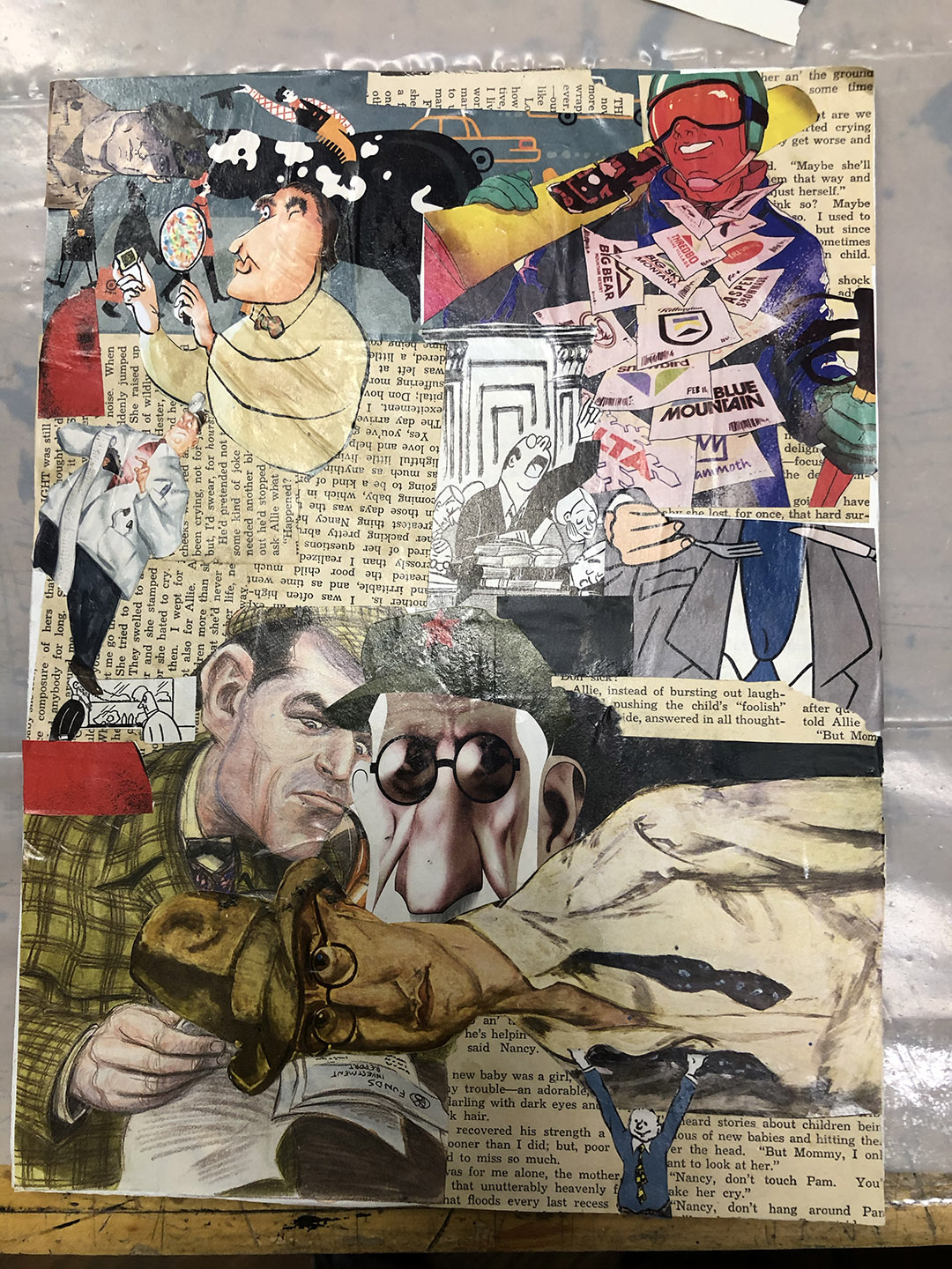 A collaged image of faces from many different magazines, books and images. There are also cutouts of writings.