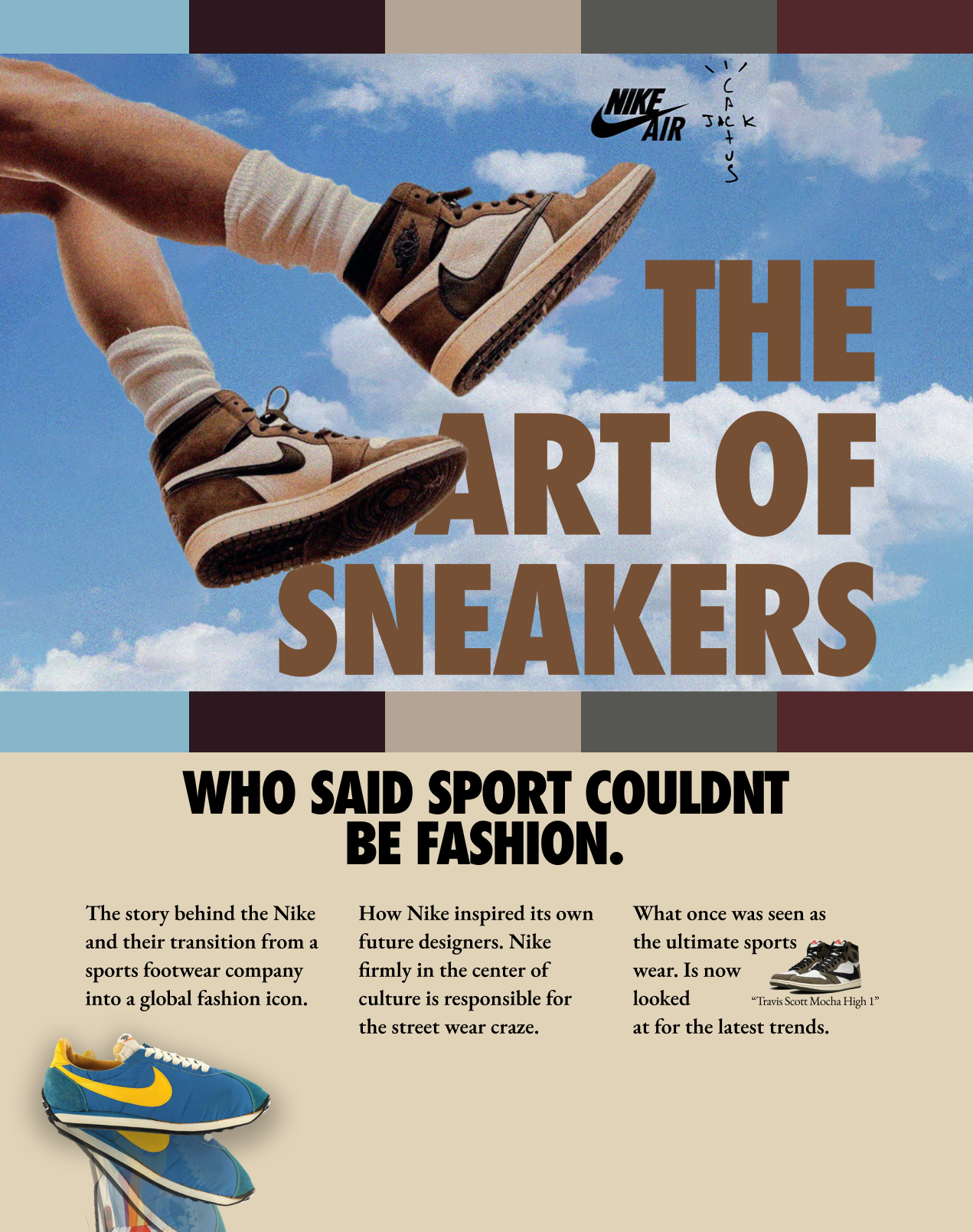 A graphic poster promoting the story of the Nike Sneaker designer. There is an image of legs wearing nike in the air.