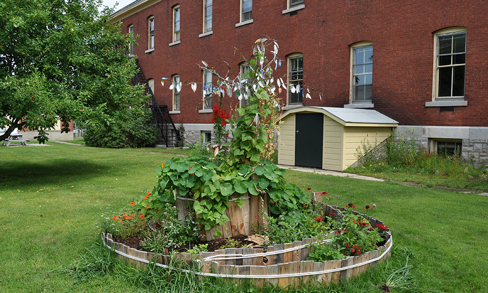 A student made a wooden spiral garden in the lawn outside sloane art center.