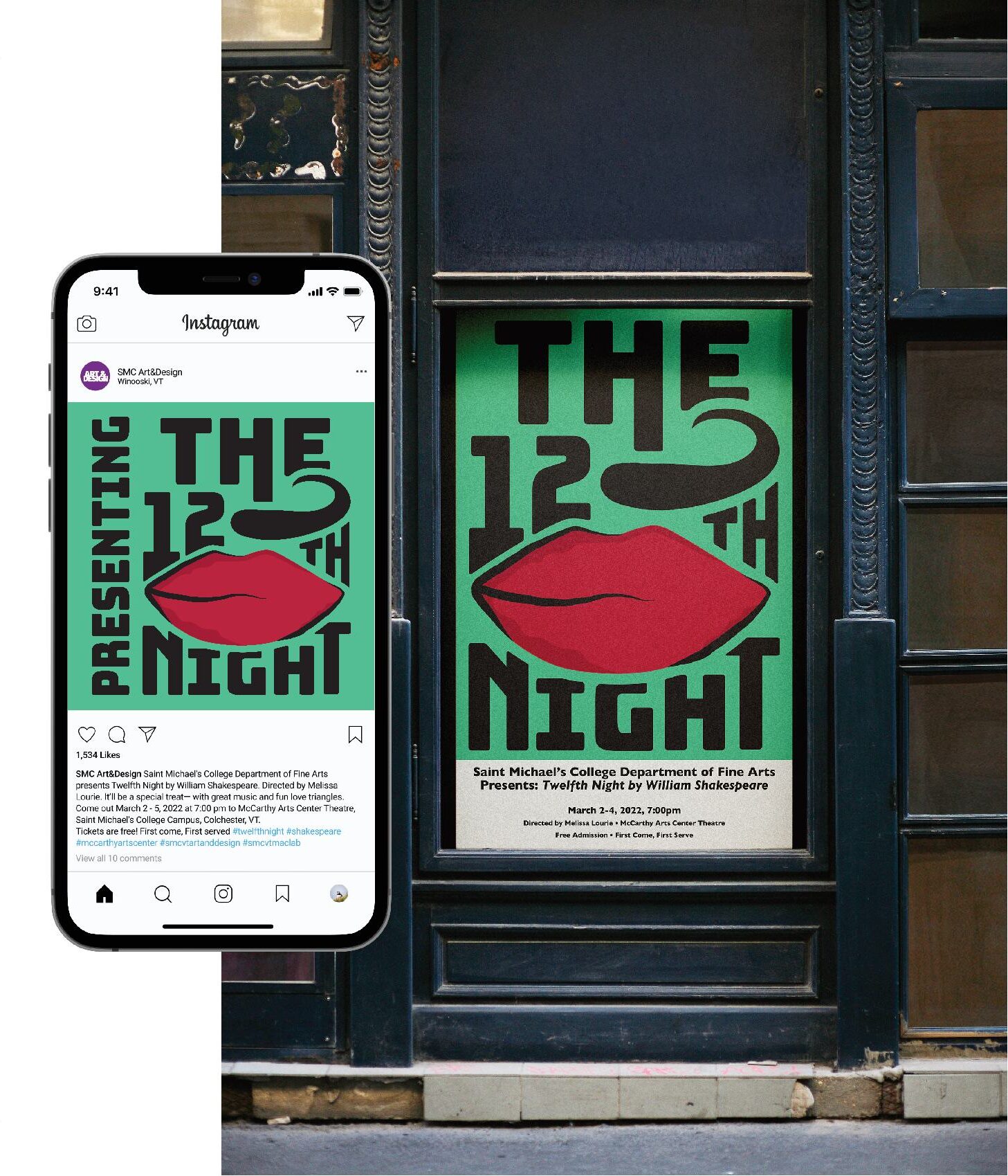 A poster and instagram post promoting the 12th night play. It has a green background and large red lips in the middle of the title of the play.