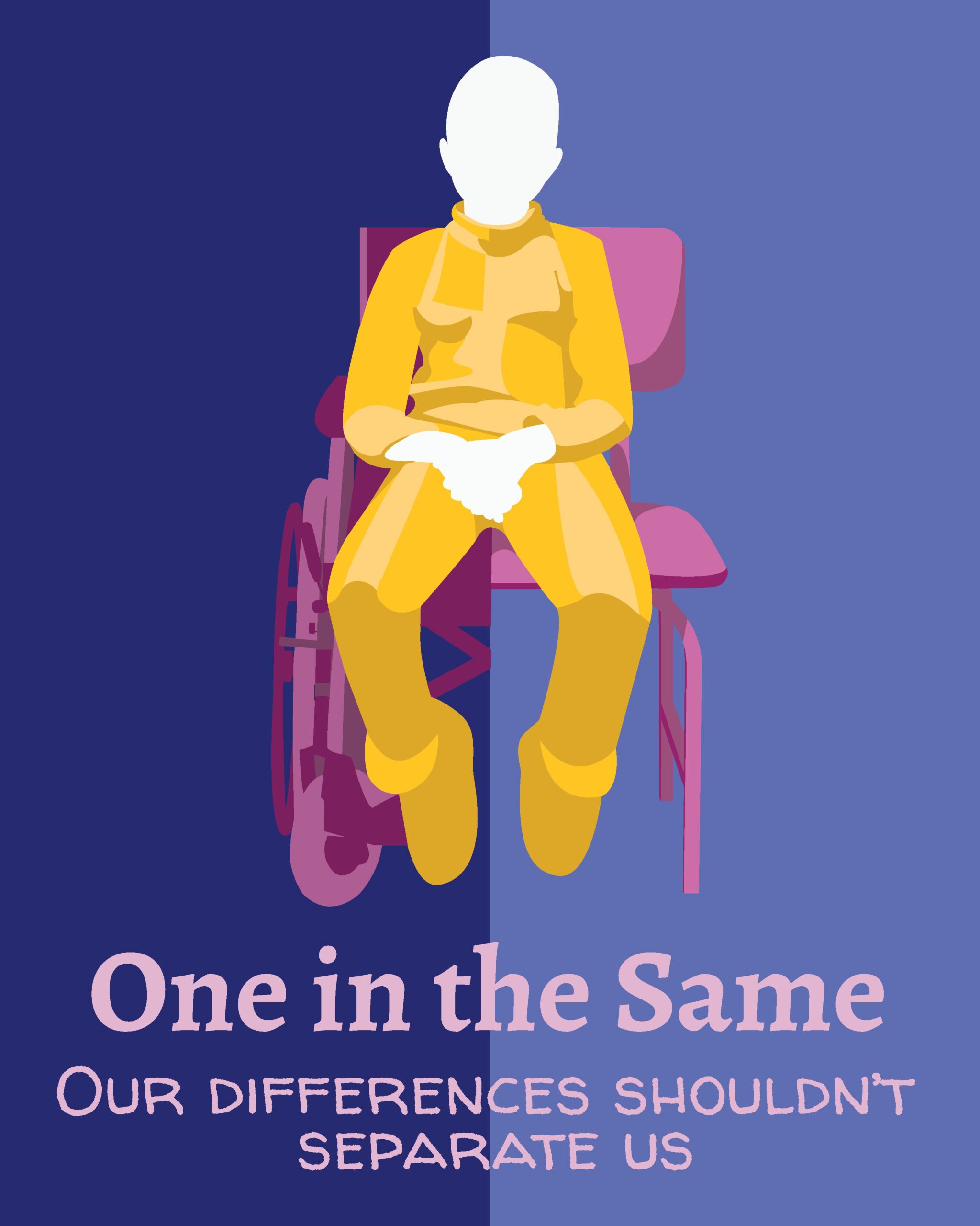 A students social issue poster project. It is on disability rights. In the middle there is a human that is half in a wheelchair and half in a chair.